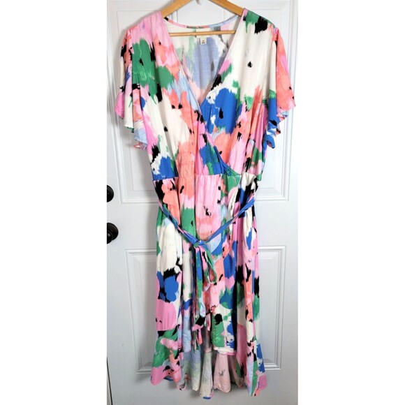 Ava & Viv Faux Wrap Dress Size 3X High/Low Hem Flutter Sleeve - Picture 2 of 7